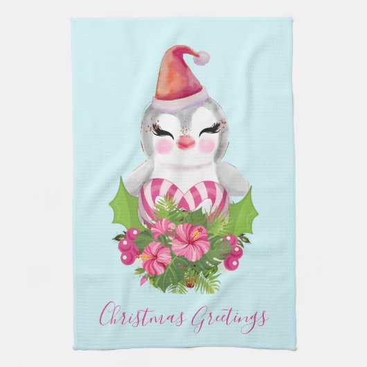 Cute Kerstpinguïn in Santa Hat Theedoek (Verticaal)