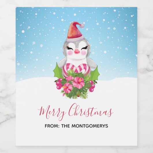 Cute Kerstpinguïn in Santa Hat Wijn Etiket (Enkel label)