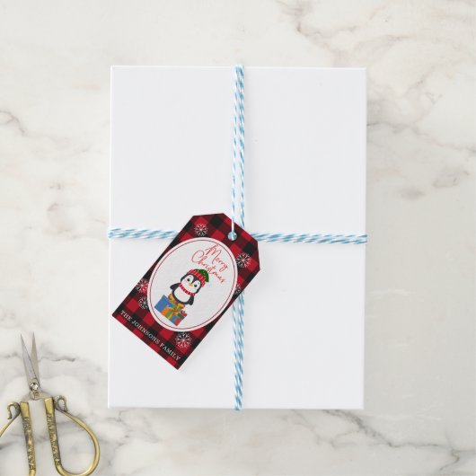 Cute Kerstpinguin op Red Pset Pattern Cadeaulabel (Met Touw)