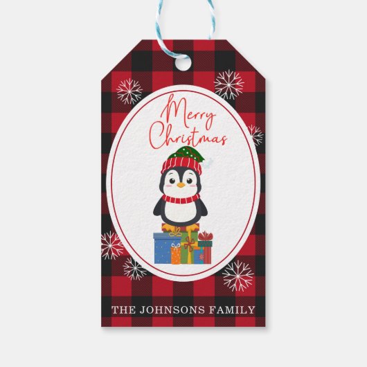 Cute Kerstpinguin op Red Pset Pattern Cadeaulabel (Achterkant)