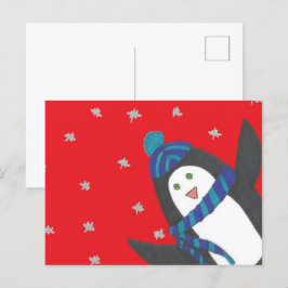 Cute Kerstpinguin op rood Briefkaart