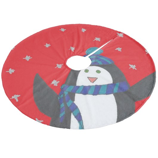 Cute Kerstpinguin op rood Fleece Kerstboom Rok (Gekanteld)