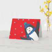 Cute Kerstpinguin op rood Kaart (Gele Bloem)