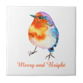 Cute KerstRobin Waterverf Merry en Bright Tegeltje (Voorkant)