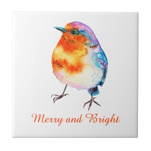 Cute KerstRobin Waterverf Merry en Bright Tegeltje (Voorkant)