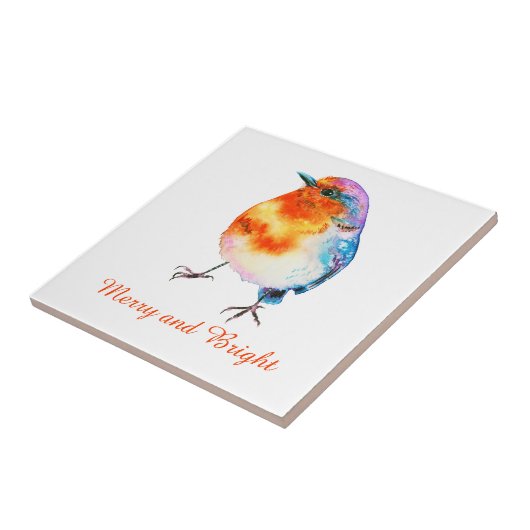 Cute KerstRobin Waterverf Merry en Bright Tegeltje (Zijkant)