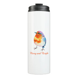 Cute KerstRobin Waterverf Merry en Bright Thermosbeker
