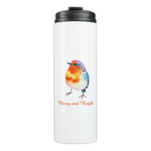 Cute KerstRobin Waterverf Merry en Bright Thermosbeker