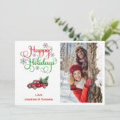 Cute Kerstrode vrachtwagen foto Feestdagenkaart (Staand voorkant)