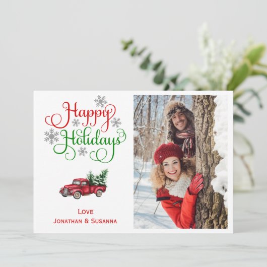 Cute Kerstrode vrachtwagen foto Feestdagenkaart (Staand voorkant)