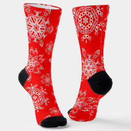Cute Kerstroet en White Snow Flakes Pattern Sokken