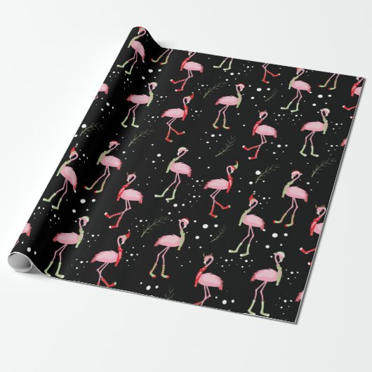 Cute kerstroze flamingo patroon cadeaupapier (Uitgerold)