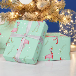 Cute kerstroze flamingo patroon cadeaupapier