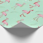 Cute kerstroze flamingo patroon cadeaupapier (Hoek)