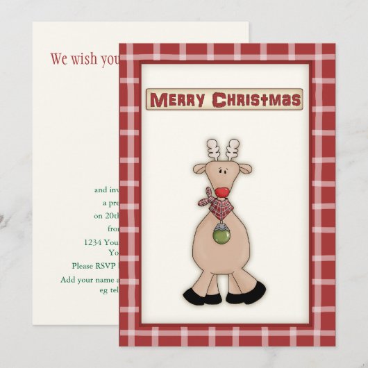 Cute Kerstrudolf de Red Nose Reindeer Party Kaart (Voorkant / Achterkant)