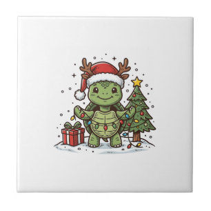 Cute Kerstschildpad Vintage Gravure Shirt Ontwerp Tegeltje