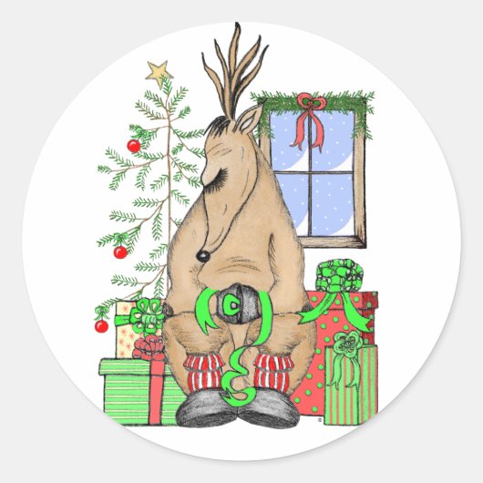 Cute kerstslaapbeker rendeveltjes ronde sticker (Voorkant)