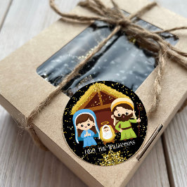 Cute Kerststal Gouden Glitter Ronde Sticker
