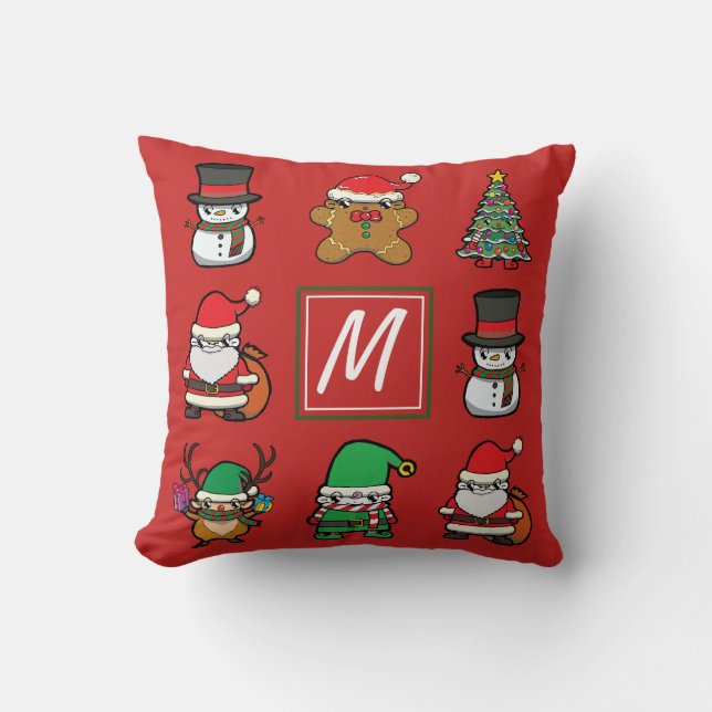 Cute kersttekenfilm Red Monogram Kussen (Voorkant)
