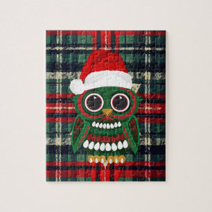 Cute Kerstuil Rood Groen Geruit Festive Feestdagen Legpuzzel