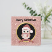 Cute kerstuil roze roze rozengoudglitter  feestdagenkaart (Staand voorkant)