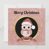 Cute kerstuil roze roze rozengoudglitter  feestdagenkaart (Voorkant)