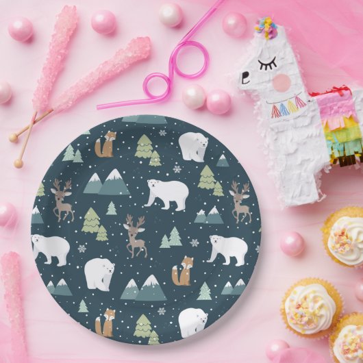 Cute Kerstwinter Animals Pattern Papieren Bordje (Feest)