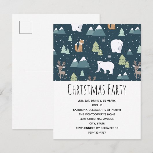 Cute Kerstwinter Animals Pattern Uitnodiging Briefkaart (Voorkant / Achterkant)