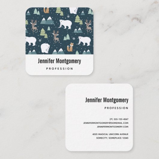 Cute Kerstwinter Animals Pattern Vierkante Visitekaartje (Voorkant / Achterkant)