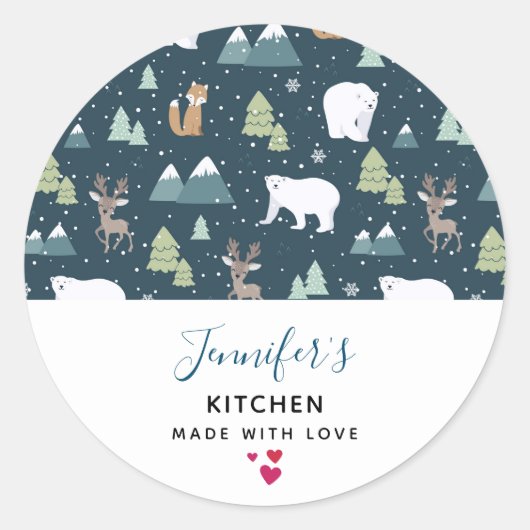 Cute KerstWinter Animals Rustic Kitchen Ronde Sticker (Voorkant)