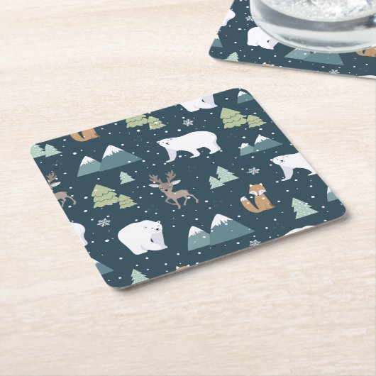 Cute Kerstwinter Animals Rustin Pattern Kartonnen Onderzetters (Schuin)