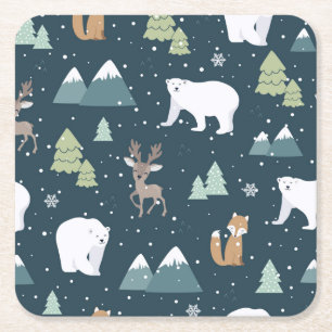 Cute Kerstwinter Animals Rustin Pattern Kartonnen Onderzetters