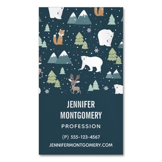 Cute Kerstwinter Animals Rustin Pattern Magnetisch Visitekaartje (Voorkant Verticaal)