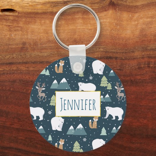 Cute Kerstwinter Animals Rustin Pattern Sleutelhanger (Voorkant)