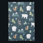 Cute Kerstwinter Animals Rustin Pattern Theedoek<br><div class="desc">Keukenhanddoek met een grillig feestelijk patroon. Polaire beren,  rendieren,  bomen,  vossen en sneeuwvlokken. Op een donkergroene achtergrond.</div>