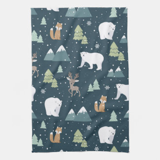 Cute Kerstwinter Animals Rustin Pattern Theedoek