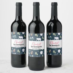Cute Kerstwinter Animals Rustin Pattern Wijn Etiket