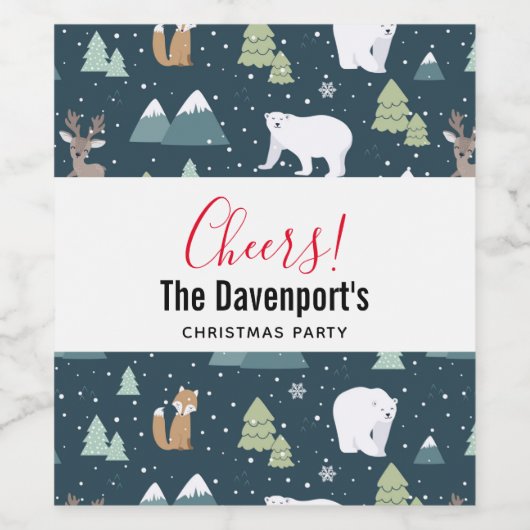 Cute Kerstwinter Animals Rustin Pattern Wijn Etiket (Enkel label)