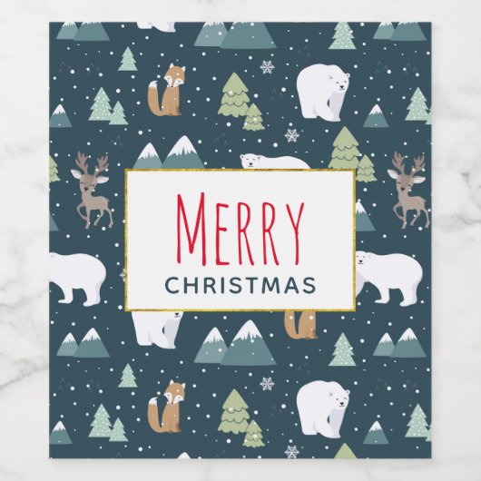 Cute Kerstwinter Animals Rustin Pattern Wijn Etiket (Enkel label)