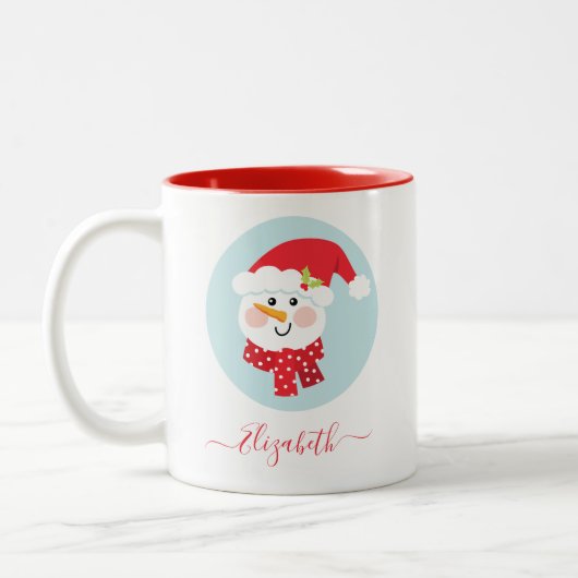 Cute Kerstwinter Snowman Face Two-Tone Coffee Tweekleurige Koffiemok (Links)