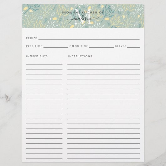 Cute Keuken Initiaal Teal Bloemige Botanische Rece (Voorkant)