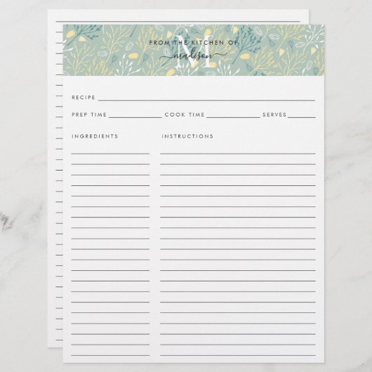 Cute Keuken Initiaal Teal Bloemige Botanische Rece (Voorkant / Achterkant)