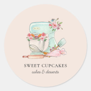 Cute keukenmixer met bloemen Bakkerij   Ronde Sticker