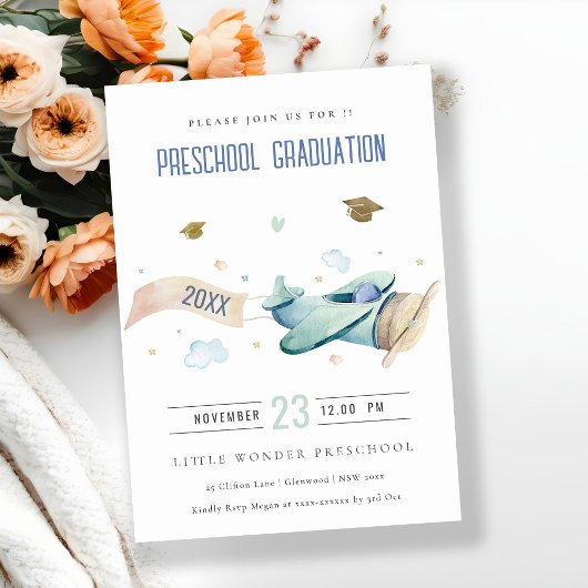 Cute Kids Airplane Sky Stars Preschool Graduation  Kaart