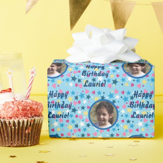 Cute Kids Birthday Stars Foto Template Cadeaupapier (Verjaardagsfeest)