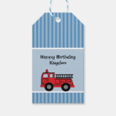 Cute Kid's blauwe en rode brandweerwagen verjaarda Cadeaulabel (Voorkant)