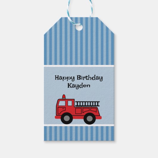 Cute Kid's blauwe en rode brandweerwagen verjaarda Cadeaulabel (Voorkant)