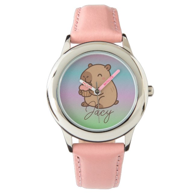 Cute Kids Capybara eating cupcakes Rainbow Horloge (Voorkant)