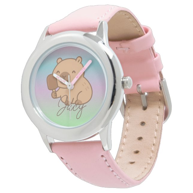 Cute Kids Capybara eating icecream Rainbow Horloge (Gekanteld)