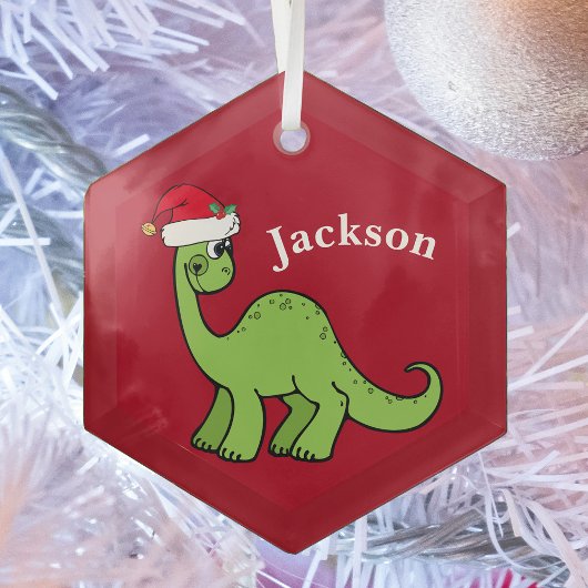 Cute Kids Christmas Dinosaur Red Custom Glas Ornament
